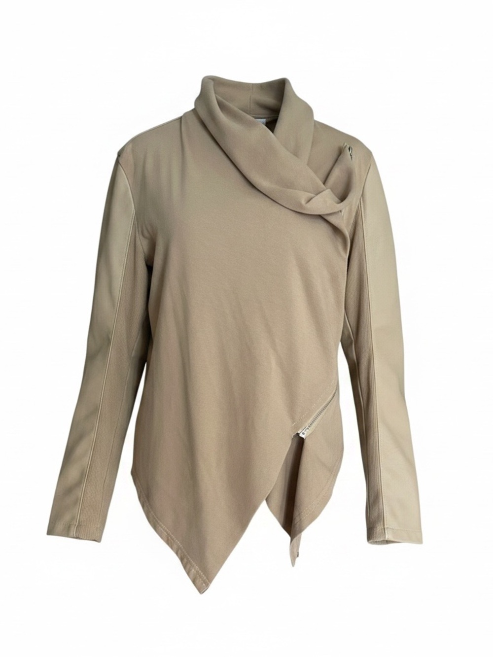 BLANKNYC Mixed Media Drape‎ Moto Jacket Taupe Faux Leather Knit Womens Medium